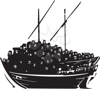 Woodcut style image of a crowd of refugees an a traditional Arabic ship called a Dhow
