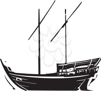 Woodcut style image of an a traditional Arabic ship called a Dhow