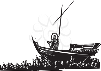 Woodcut style expressionist images of Christ on a boat carried ina sea of mankind