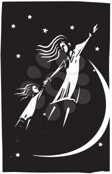 Woodcut style image of a mother and her daughter are flying in a dream