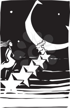 Woodcut style image of a young woman climbing a stairway of stars to the moon.