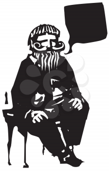 Woodcut style expressionistic image of an old bearded man with a word balloon.