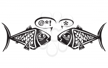 Woodcut style fish speaking to each other in symbols