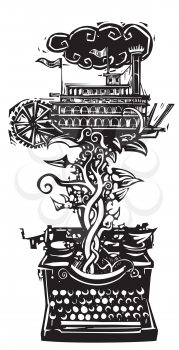 Woodcut style image of a manual typewriter with an American riverboat