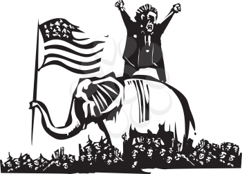 Woodcut style expressionist image of flag waving elephant and angry man over crowd