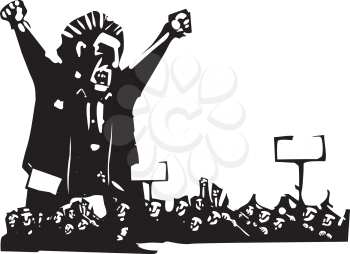 Woodcut style expressionist image of an angry man above a protest
