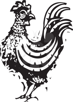Woodcut Rooster standing and looking around the yard