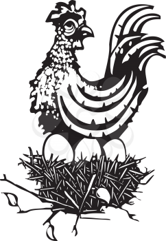 Woodcut Chicken sitting on a nest of eggs.