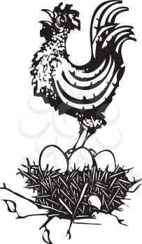 Woodcut rooster crowing on a nest of eggs.