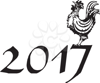 Woodcut Rooster crowing with the date for 2017