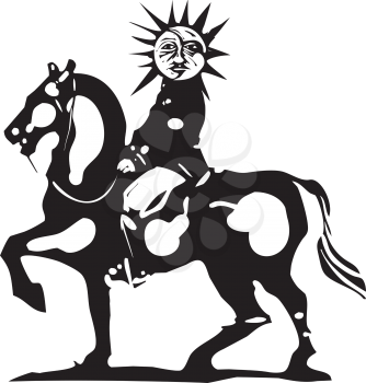 Woodcut style image of a sun and moon face riding on horseback