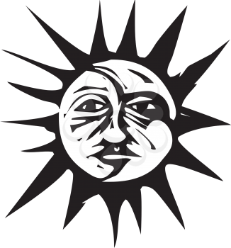Woodcut style image of a sun and moon face