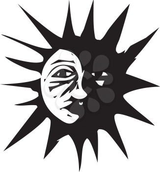 Woodcut style image of the sun in eclipse by the moon.