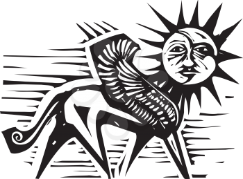 Woodcut style image of a sun and moon face on the body of a griffin