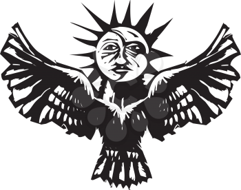 Woodcut style image of a sun and moon on an owl Egyptian Ba concept.