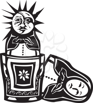 Woodcut style image of a sun and moon face in a Russian nested doll