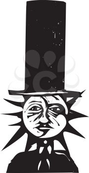 Woodcut style image of a sun and moon face wearing a top hat