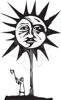 Woodcut style image of a sun and moon face in a tree being chopped down by a girl with an ax