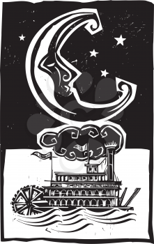 Woodcut style moon and old time Mississippi riverboat