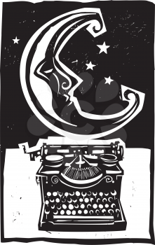 Woodcut style moon and an old style typewriter in black and white