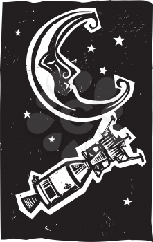Woodcut style moon and American space capsule