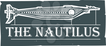 Woodcut style Nautilus Steampunk Submarine design with text