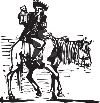 Woodcut style expressionist image of a colonial American horseman with tin lamp