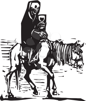 Woodcut expressionist style image of Death on a horse drinking wine.