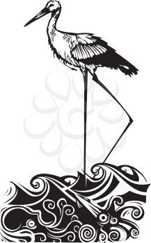 Woodcut style expressionist image of a very tall stork walking through the ocean