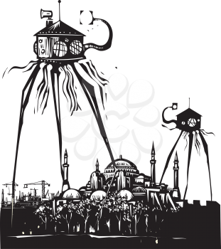 Woodcut style vintage image of a martian tripod over Istanbul turkey
