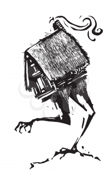 Woodcut style image of the hut of the russian witch Baba Yaga standing on chicken feet