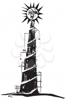 Woodcut style expressionist image on pride with a tower being built to the sun