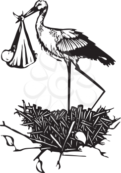 Woodcut style expressionist image of a very tall stork delivering a baby in a nest