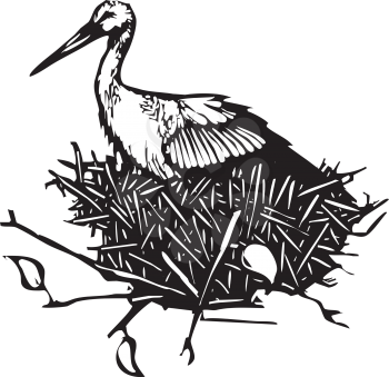 Woodcut style expressionist image of a nesting stork