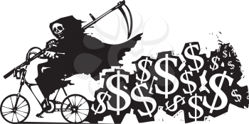 Woodcut style image death in a bicycle with dollar signs coming out in a trail behind it.