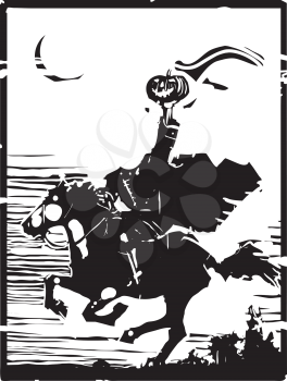 Woodcut style expressionist image of the Headless horseman ghost