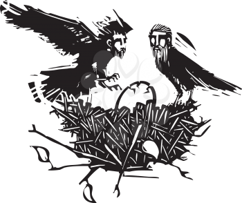 Woodcut style expressionistic crows with the heads of men with a cracking egg in a birds nest