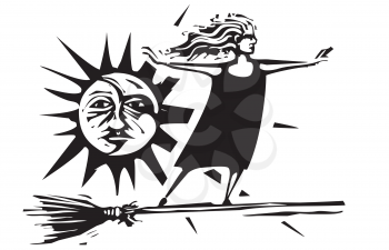 Woodcut style expressionistic witch on a broom with he sun and moon
