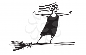 Woodcut style expressionistic witch on a broom