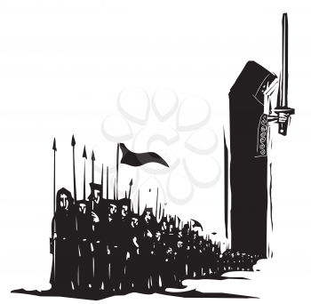 Woodcut expressionist image of a dark army emerging from a kings cloak