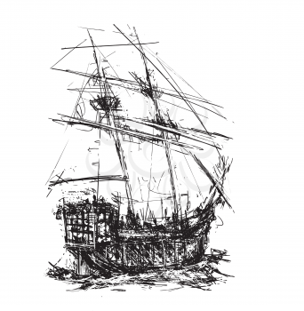 Sketchy style sailing pirate ship at sea