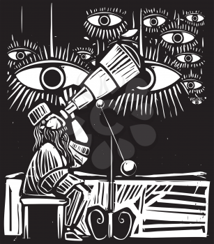 Woodcut style image of an Astrologer looking at eyes in the sky