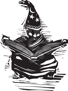 Woodcut expressionist style image of a young african american wizard studying a spellbook.