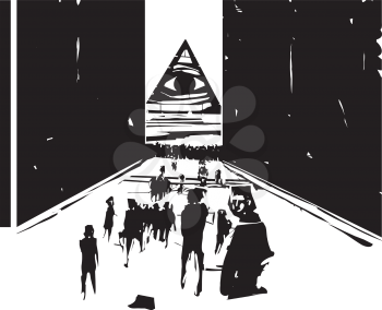 Woodcut expressionist style image of a crowd of people passing through an opening in a wall towards an illuminati symbol of the eye of providence. 