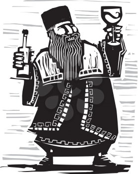Woodcut expressionist style image of a russian czar with a bottleo wine and goblet