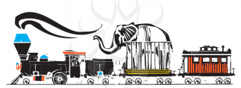 Woodcut expressionist style circus Steam Locomotive  with elephant