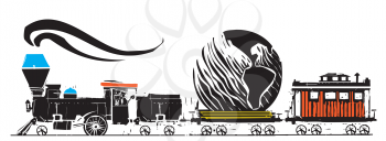 Woodcut expressionist style Steam Locomotive with the earth in one of its cars