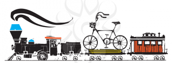 Woodcut expressionist style Steam Locomotive with a bicycle
