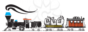 Woodcut expressionist style Steam Locomotive with bags of money