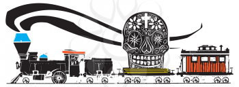 Woodcut expressionist style Steam Locomotive with a mexican day of the dead sugar skull